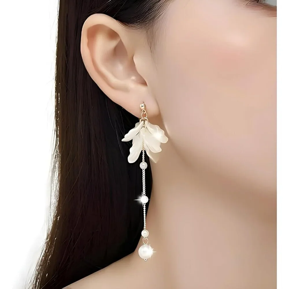 Pearl Flower Dangle Earrings Faux Pearls Beach Wedding Drop Jewelry